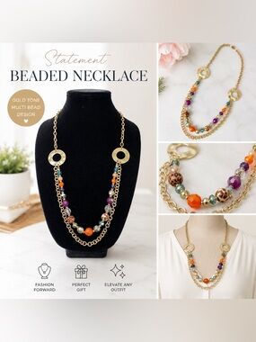 Gold Tone Multi-Bead Statement Necklace | Leopard & Jewel Tones
